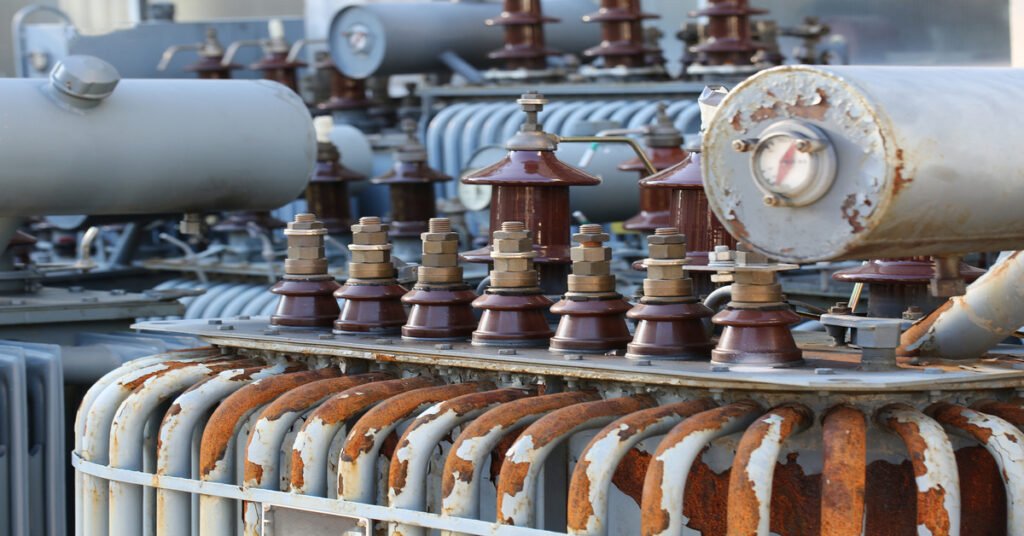 A close-up of the cooling tubes of a large grey industrial transformer covered in orange-brown rust.