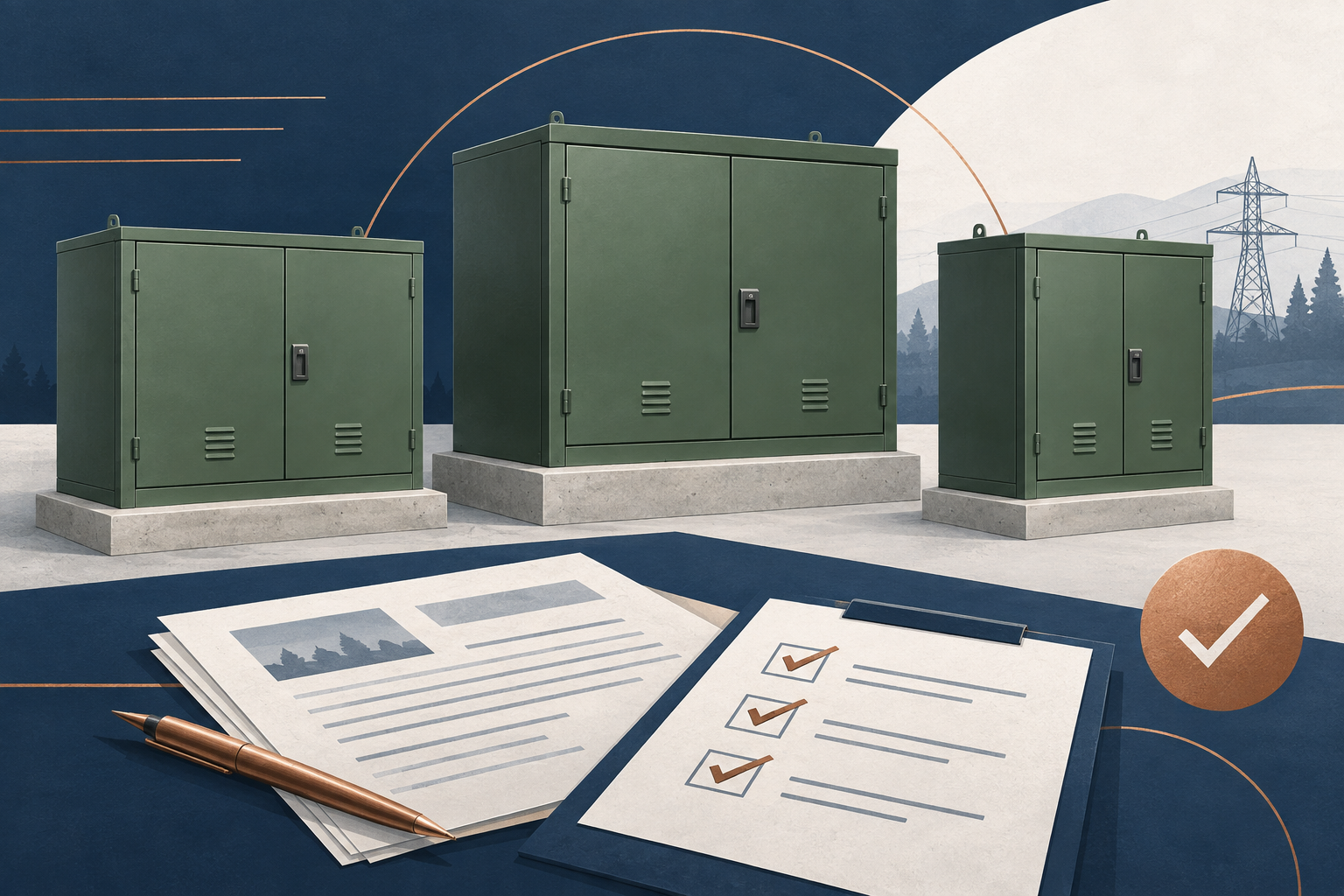 Illustration of three closed pad-mounted transformer cabinets beside project planning paperwork.