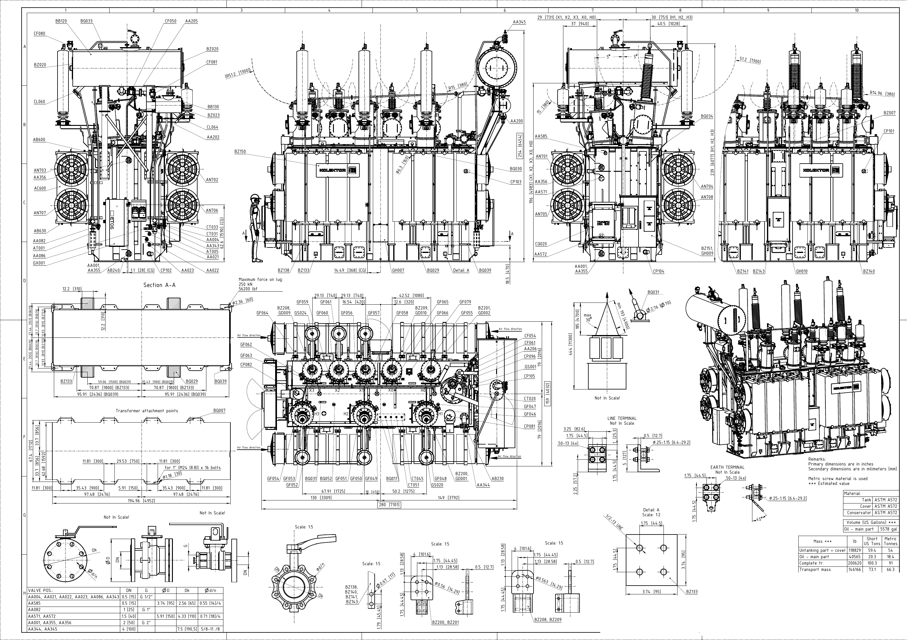 Original Kolektor ETRA general arrangement drawing for a transformer in the five-unit 110 MVA 138/34.5 kV lot