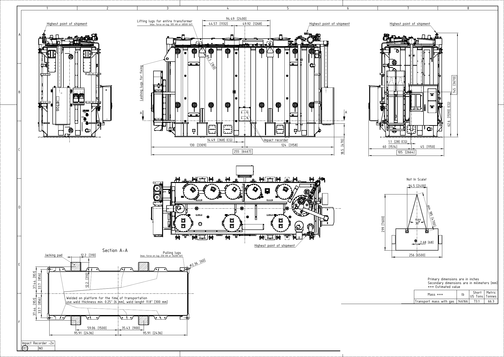 Original Kolektor ETRA transport arrangement with lifting points, shipping dimensions and transport mass