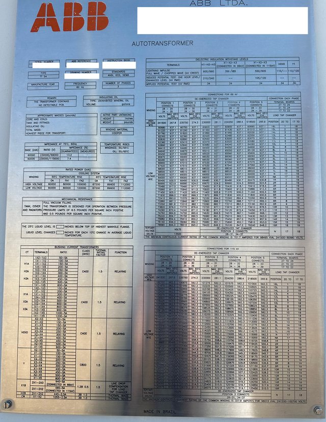 Nameplate photo — ABB 112 MVA-class 230 to 115/69 kV autotransformer