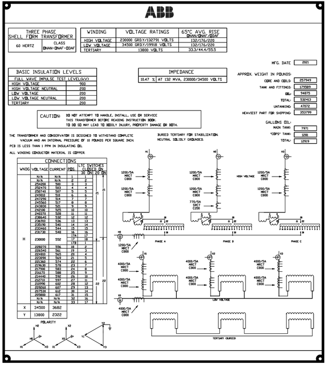ABB 132/176/220 MVA 230/34.5 kV nameplate drawing with winding connections