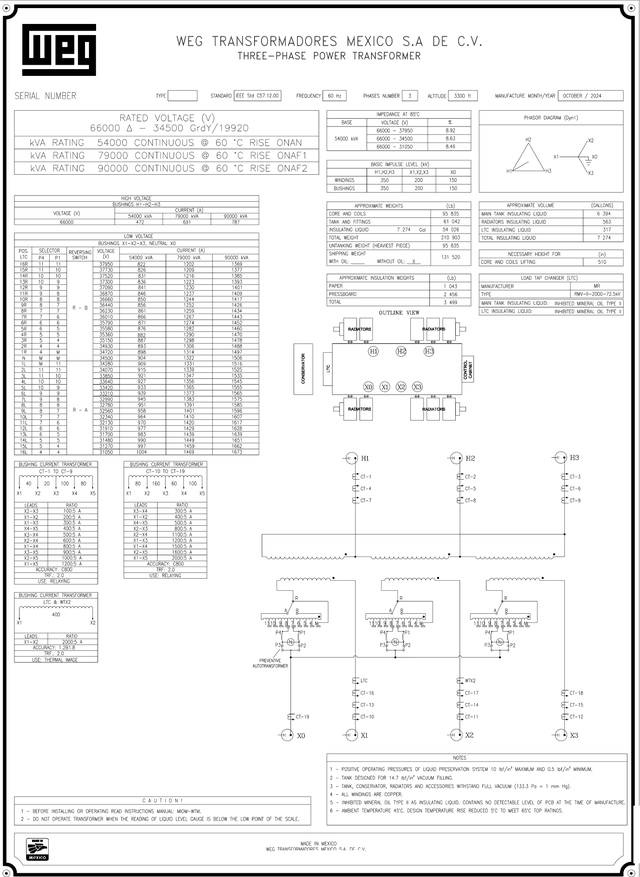 Nameplate drawing — WEG 90 MVA 66/34.5 kV transformer