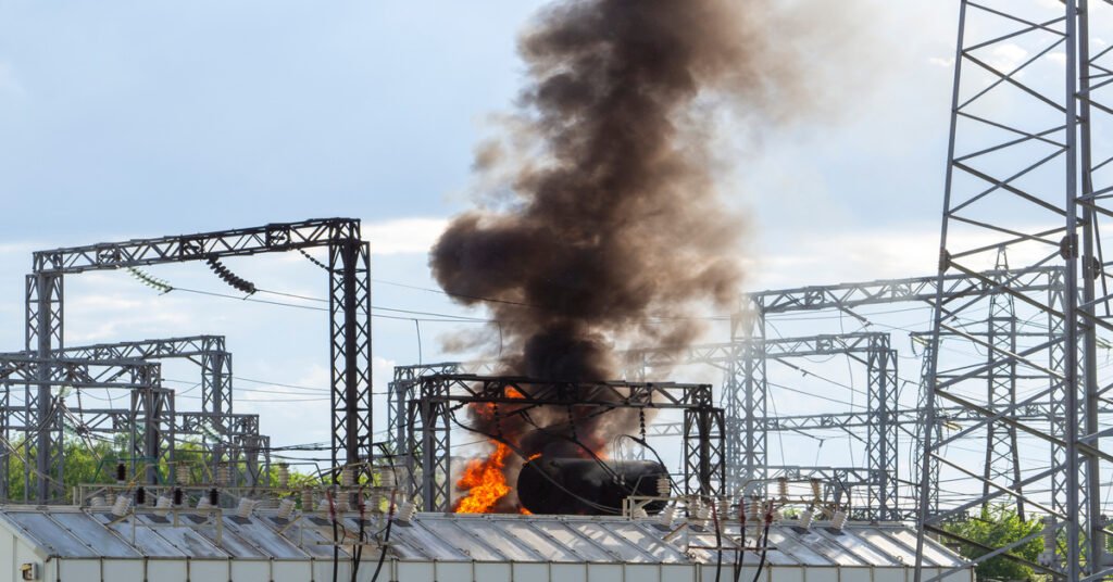A large fire with a column of dark smoke arises from an electrical substation inside a power plant near metal structures.