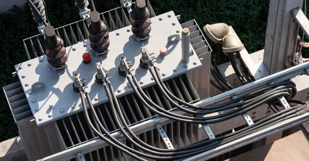 An overhead view of a silver, high-voltage power transformer. Wires are attached to several connection points.